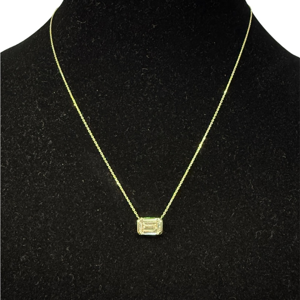 3 Carat Lab Grown Emerald Cut Diamond Partial Bezel Set 14k Yellow Gold Necklace